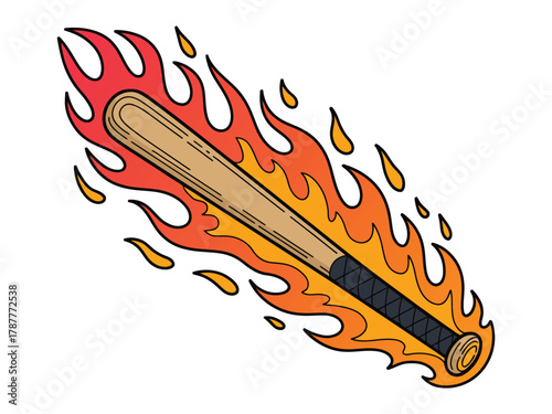 Flaming baseball bat artwork, molten cracks, heavy grunge textures, dripping lava effect, intense fire illustration