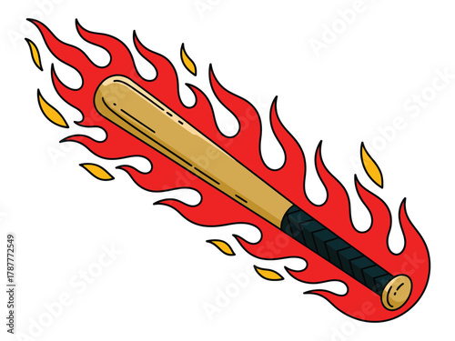 Flaming baseball bat artwork, molten cracks, heavy grunge textures, dripping lava effect, intense fire illustration