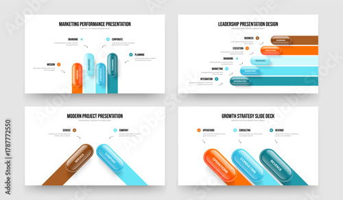 Professional Strategy 4 5 2 3 Step Diagram Slideshow Layout Set. Investor Review Four Five Two Three Option Infographic Frame Template Vector Illustration Bundle.