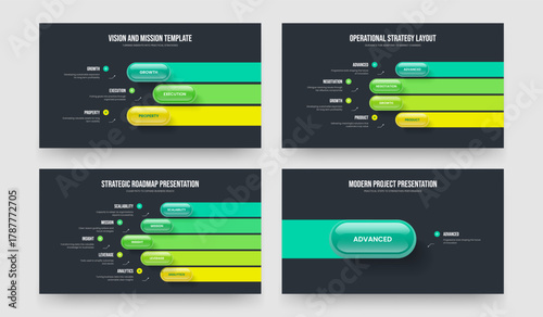 Consulting Development 3 4 5 1 Element Diagram Slide Layout Set. Product Solution Three Four Five One Step Infographic Frame Design Vector Illustration Bundle.