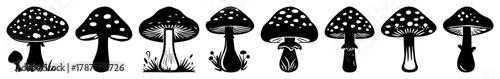 Mushroom silhouettes collection. Cartoon vector mushrooms clipart, doodle icon set. Mystical stylizes stamp or engraving sketches pictograms. Wild toadstool, poisonous mushroom, fly agaric with dots