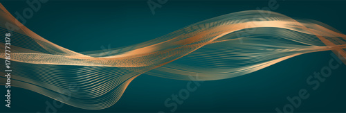Gold wave lines on dark green background with lighting effect and glitter with copy space for text. Luxury design style. Vector illustration