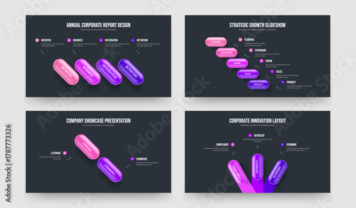 Digital Report 4 5 2 3 Element Infographic Slide Template Set. Marketing Innovation Four Five Two Three Option Diagram Frame Layout Vector Illustration Collection.