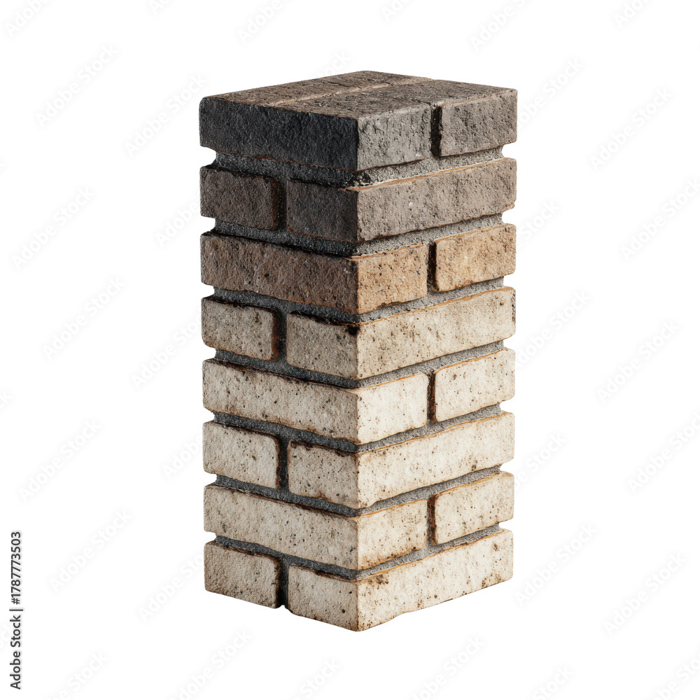 Fototapeta premium Stacked brick column with varying shades of brown and grey textures pillar masonry, Isolated On Black Background, Png Transparent Background, Cut Out