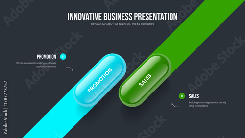 Marketing Report Presentation Template Vector Illustration. Business Growth Two Element Diagram Frame Layout. Modern Strategy 2 Step Infographic Slideshow Design.