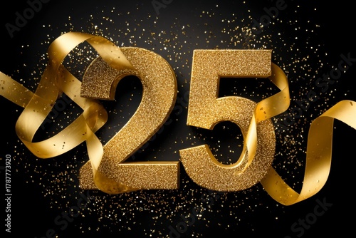 Golden 25th Anniversary Celebration with Ribbon and Confetti Background