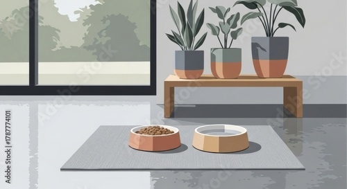 Pet feeding area with bowls and indoor plants in modern decor  