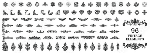 Mega set of elegant damask floral logo elements. Borders, dividers, frame corners, branch, hearts, wings. Oriental vector damask for greeting cards and wedding invitations. Elegant vintage frame