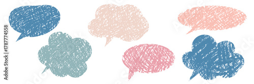 A set of colorful bubble-shaped frames drawn with colored pencils. Hand-drawn with pencil or pastel, these frames create a rough texture. Vector illustration for school, banners, stickers.