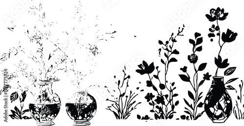 Botanical Black and White Illustration of Vases and Detailed Wildflowers Creating a Scene