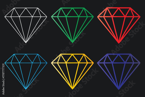 Six faceted diamonds in different colors on black background jewel gemstone