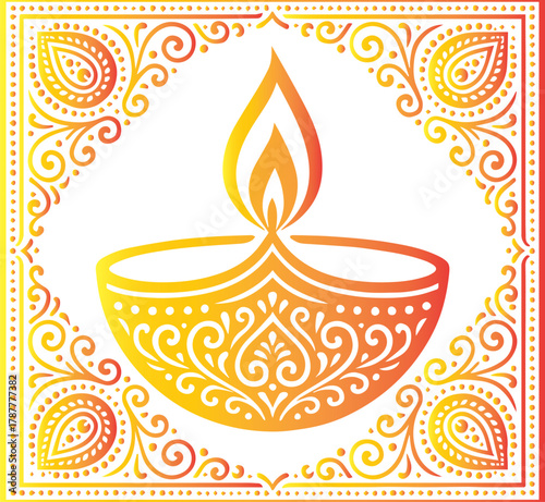 Elegant Traditional Indian Clay Diya with Flame and Intricate Hand-Drawn Mehndi Motifs