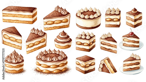 A collection of delicious tiramisu cakes and slices, presented in various sizes and angles, showcasing the layered dessert's texture and rich cocoa topping.