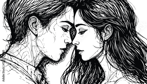 Detailed Black and White Ink Drawing of a Romantic Couple in a Close, Emotional Moment