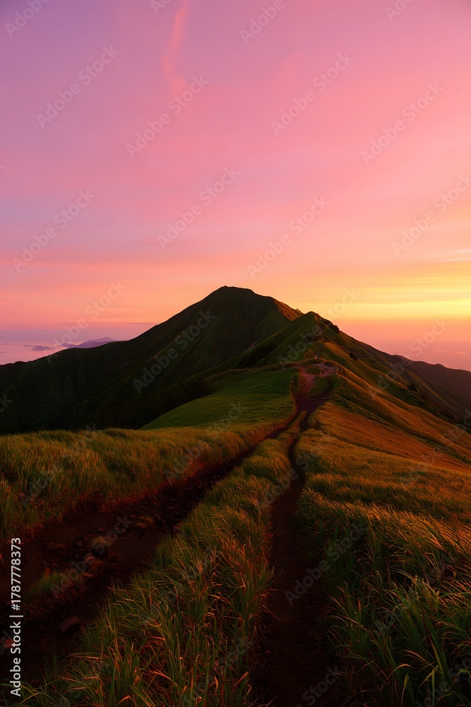 Obraz premium Mountain ridge trail at sunset with pink sky and golden hour light on the grass