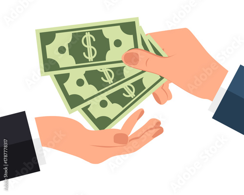 Hand holds a lot of money banknote giving them to another. How to get rich. A question that worries many. Vector illustration.