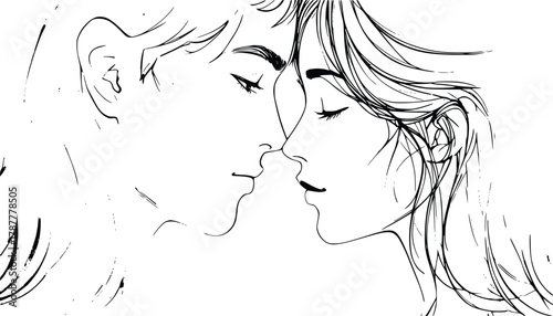 Romantic Black and White Line Art Sketch of a Couple Facing Each Other in an Intimate Moment