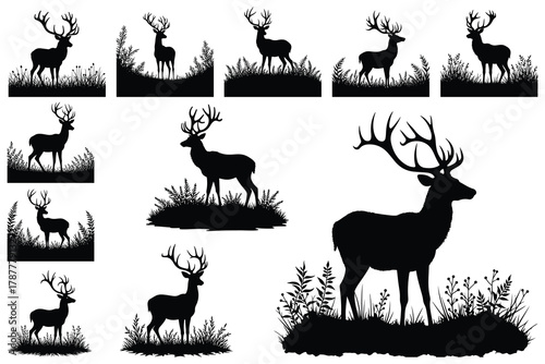 Multiple black silhouettes of deer with antlers in grassy landscapes