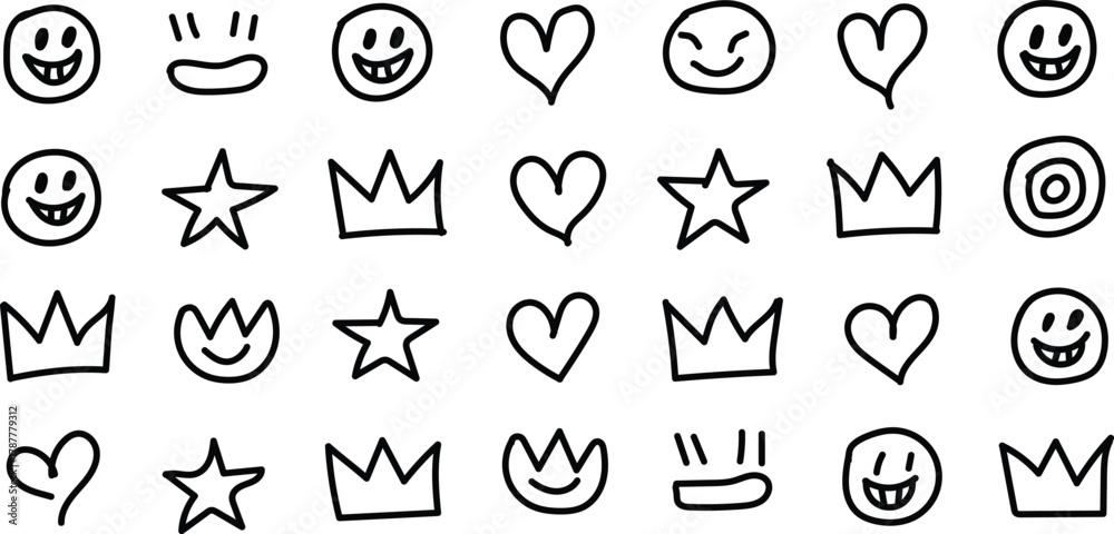 Fototapeta premium Collection of hand drawn doodle icons featuring smiling faces hearts stars and crowns in a simple black and white sketch style for graphic design and illustration projects