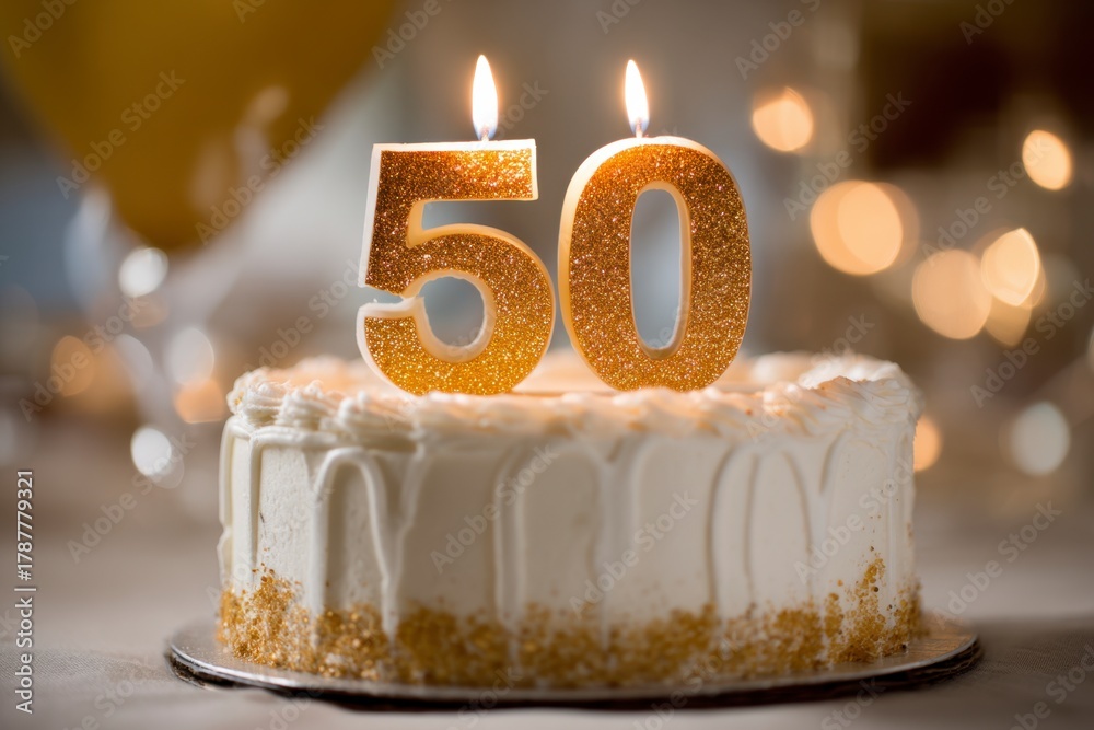 Naklejka premium Elegant Fifty Celebration Cake with Candles and Soft Background Glow