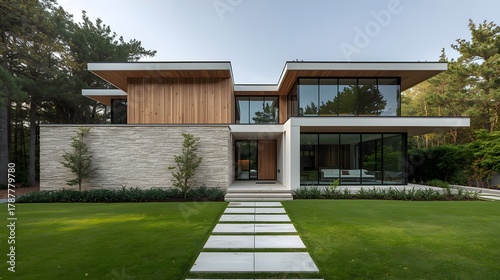 Modern luxury residence with natural wood and stone facade featuring large glass windows and a lush green lawn with a stone pathway leading to the entrance