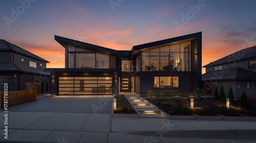 Modern architectural masterpiece with dramatic angled rooflines and expansive glass windows illuminated at dusk with a vibrant sunset sky