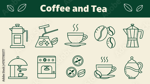 Hot Coffee Tea Drink Preparation Equipment Vector Icons with vector illustration
