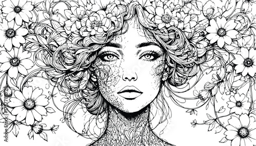 Intricate Black and White Line Art Drawing of a Woman's Face Merged with a Chaotic Crown of Daisies and Organic Vines 