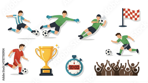 Soccer Game Icons Players, Goalie, Trophy, Stopwatch, Flag, and Cheering Crowd