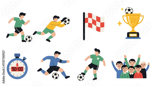 Flat design vector illustrations of soccer game elements players, goalkeeper, trophy, stopwatch, flag, and fans. Capturing the excitement and victory of a football competition