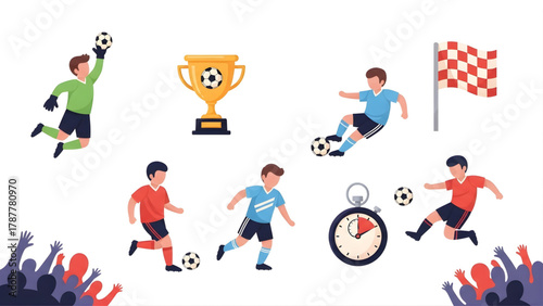 A collection of dynamic flat vector illustrations showing soccer players in action, a championship trophy, and other football game elements