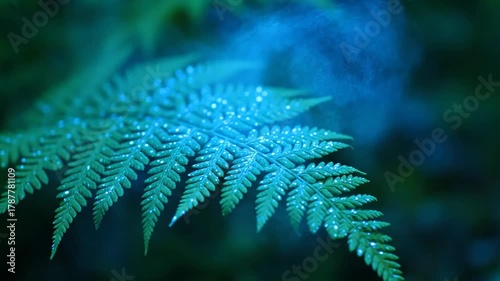 Wallpaper Mural Green fern frond shows intricate patterns and small water droplets, creating a fresh and vibrant natural texture against a soft, dark forest background, symbolizing growth and tranquility Torontodigital.ca