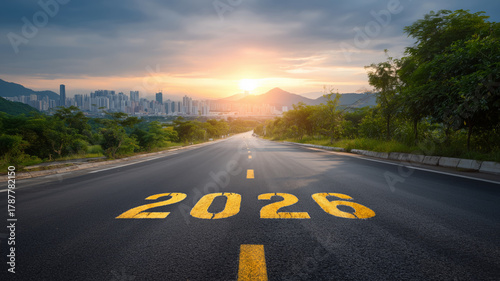 Future ahead road marked 2026 urban landscape sunset view inspirational journey