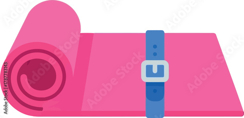 Pink yoga mat rolled with blue strap