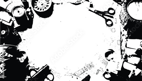 High-Contrast Black and White Abstract Border of Vintage Tools and Mechanical Parts Surrounding Central Copy Space 