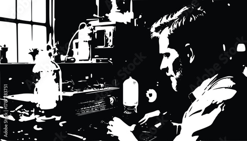 High-Contrast Black and White Illustration of a Scientist or Technician Working with Vintage Electronic Laboratory Equipment 