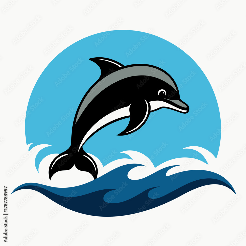 Fototapeta premium Leaping dolphin over blue waves and sun icon