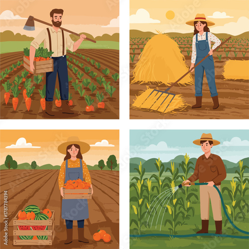 Diverse farmers working in agricultural fields
