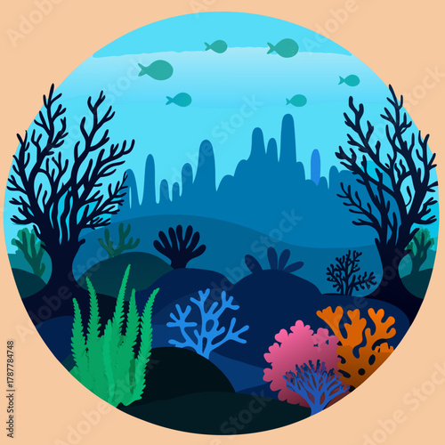 Vibrant underwater coral reef scene with silhouetted trees and fish