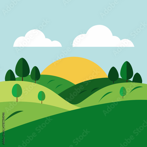 Stylized rolling hills under a sunny sky with clouds