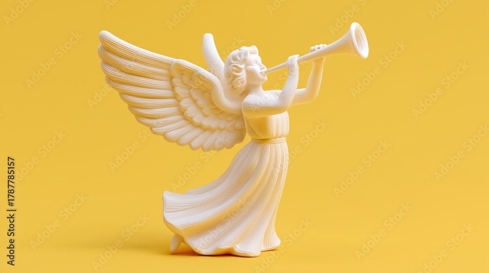 Fototapeta premium White Angel Sculpture Playing Trumpet on Yellow
