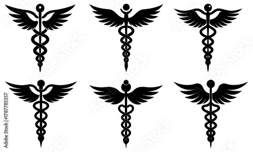 Striking medical caduceus icons set symbolizing healing and medicine, perfect for healthcare, wellness, and pharmaceutical branding projects