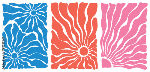 Vector in simple naive and hippie groovy style, flowers and plants, floral botanic hand drawn design. Y2k aesthetic. Cartoon psychedelic style. Bright hippies and retro elements. Contemporary posters