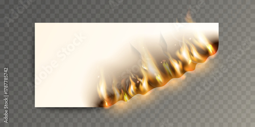 Burning paper with realistic flame and smoke effect on transparent background.