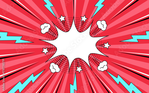 Comic pop art background with speech bubble. Comic book background with thunder and lightning in halftone style.