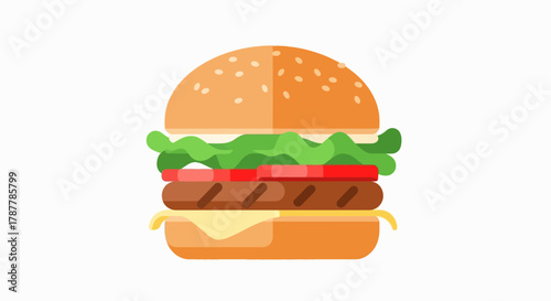 A classic American cheeseburger icon with fresh lettuce, tomato, and a sesame seed bun. This is a flat design vector illustration of delicious fast food isolated on a white background