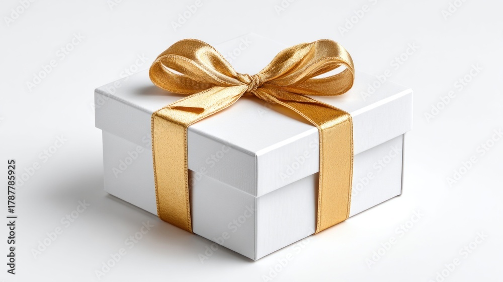 Fototapeta premium Elegant white gift box with gold ribbon and bow on a clean white background