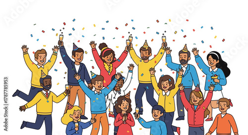 Celebratory Gathering A Crowd Cheering with Confetti and Drinks