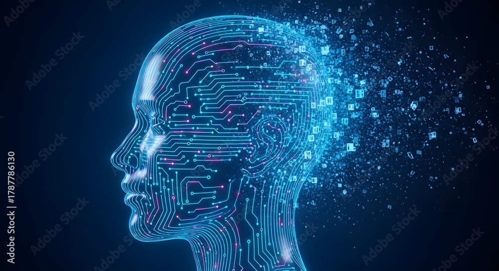 Fototapeta premium Abstract digital human head dissolving into glowing blue circuit board particles against a dark background symbolizing artificial intelligence and data