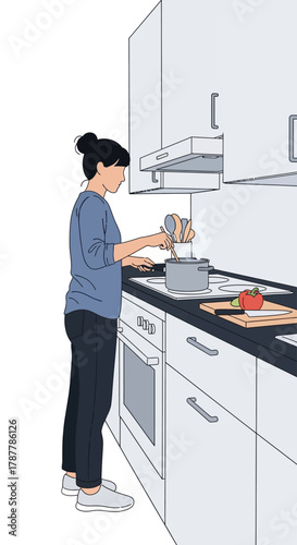 Woman Preparing Food in Kitchen A Realistic Illustration of Cooking at Home